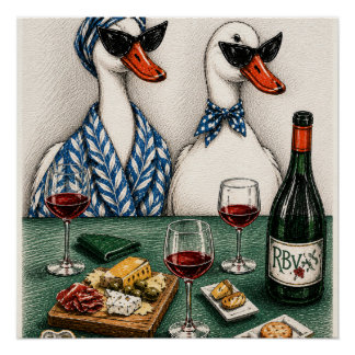Stijlvol Eend Koppel | Wijn En Kaas Kunst Perfect Poster