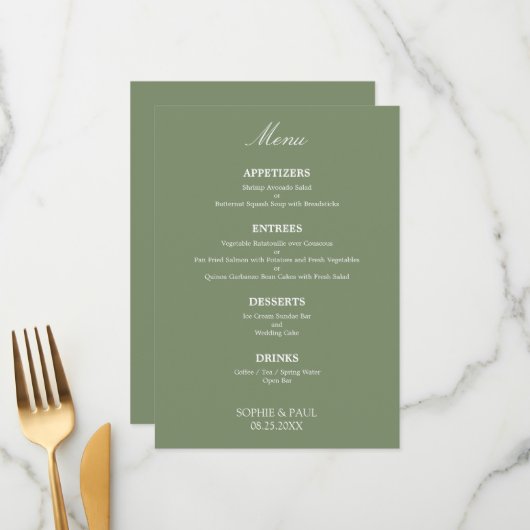 Stijlvol Elegant Sage Groen Bruiloft Menu (Voorkant / Achterkant in situ)