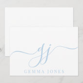 Stijlvol Elegant Script Initiaal Blauw Monogram Notitiekaartje (Voorkant / Achterkant)