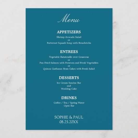 Stijlvol Elegant Turquoise Blauw Bruiloft Menu (Voorkant)