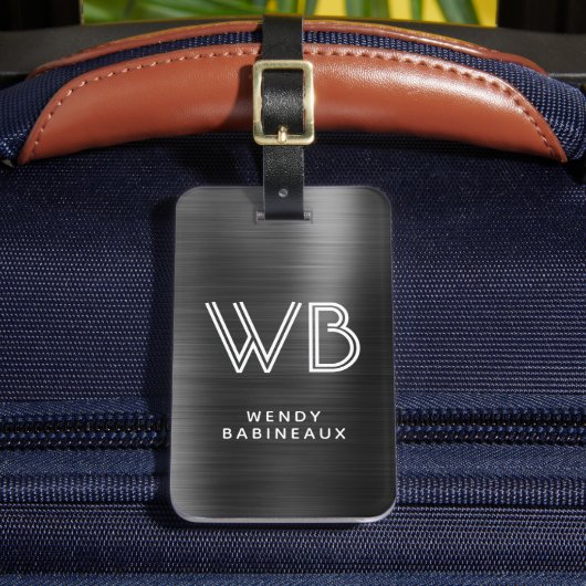 Stijlvol Elegant Zwart Metaal Twee Monogram Initia Bagagelabel (Voorkant Insitu 2)