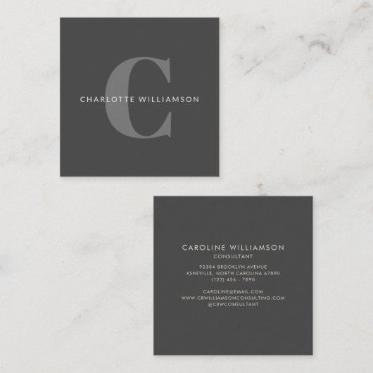 Stijlvol elegant zwart monogram zwart grijs vierkante visitekaartje (Voorkant / Achterkant)