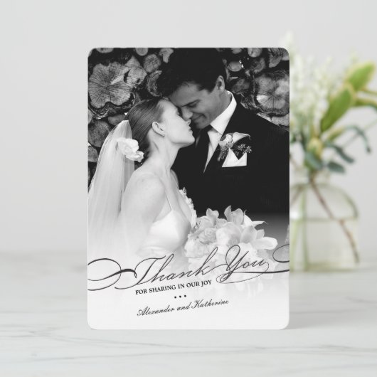 Stijlvol en elegant script foto's simpele bruiloft bedankkaart (Staand voorkant)