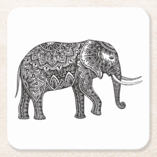 Stijlvol Fantasy Elephant Doodle Vierkante Kartonnen Onderzetter