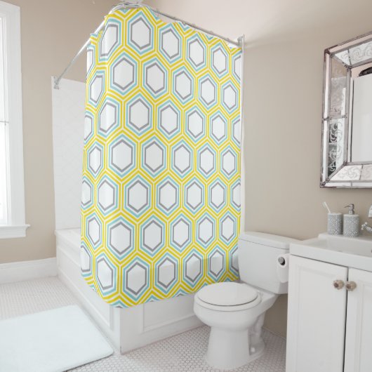 Stijlvol Geel en Aqua Geometric Pattern Douchegordijn (In situ)