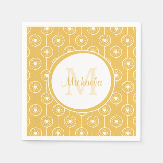 Stijlvol geel en wit monogram met naam servetten (Voorkant)
