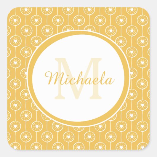 Stijlvol geel en wit monogram met naam vierkante sticker (Voorkant)