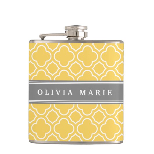 Stijlvol geel Quatrefoliepatroon met naam Heupfles (Voorkant)