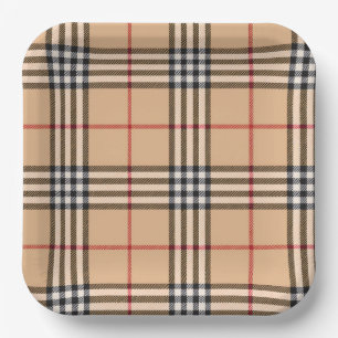 Stijlvol geruit Warm Taneel Wit Zwart Bruin Tartan Papieren Bordje