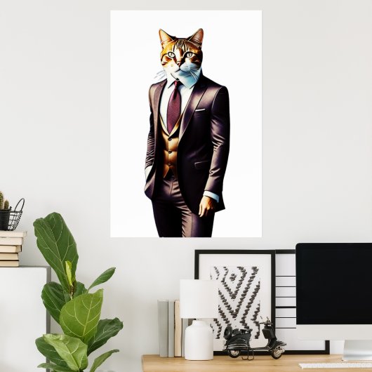 Stijlvol Ginger Cat Man in zijn Suit Poster (Thuiskantoor)