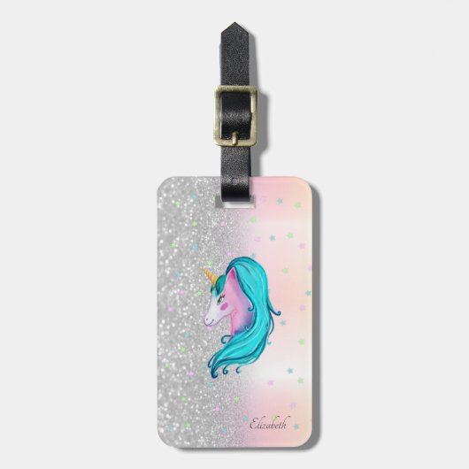 Stijlvol Glitter Bokeh, Waterverf Unicorn, sterren Bagagelabel (Voorkant verticaal)