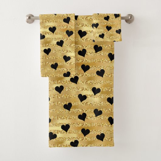 Stijlvol goudglitter Black Hearts Patroon Bad Handdoek (Insitu)