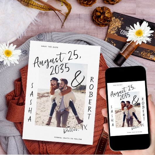 Stijlvol handgeschreven script Ampersand Photo Wed Save The Date