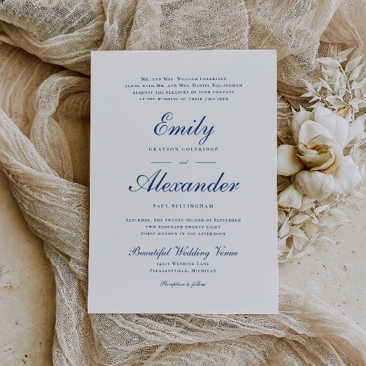 Stijlvol Indigo Blauw Script bruiloft Kaart