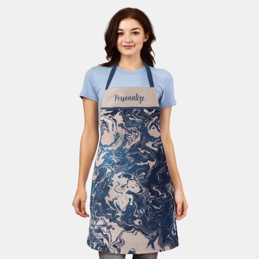 Stijlvol Indigo Blue Cream Marble Swirl Pattern Schort (Gedragen)