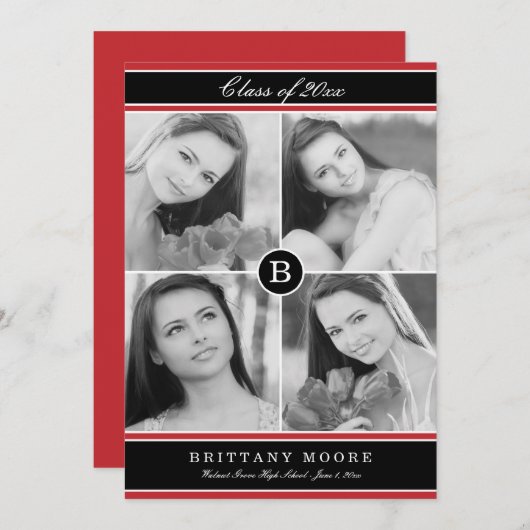 Stijlvol Initiaal Afstuderen Uitnodiging - Rood (Voorkant / Achterkant)