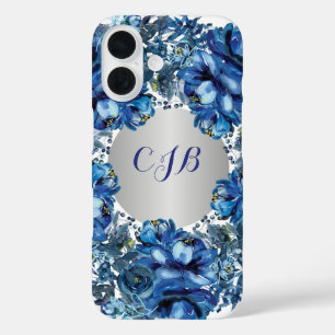 Stijlvol kobaltblauw bloemmotief iPhone 16 hoesje