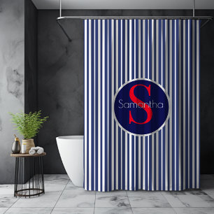 Stijlvol marineblauw rood gestreepte initiaal mono douchegordijn