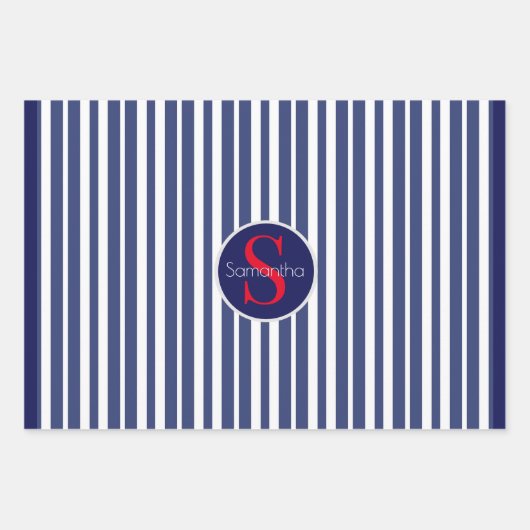 Stijlvol marineblauw rood gestreepte initiaal mono inpakpapier vel (Voorkant 2)