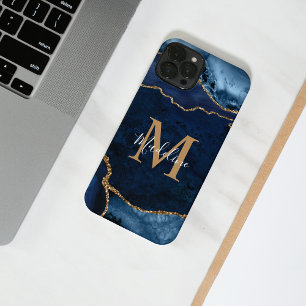 Stijlvol marinesonblauw agate Geode Gold Script-mo iPhone 14 Hoesje