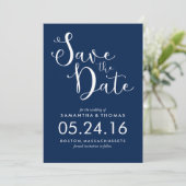 Stijlvol marinesonblauw script bruiloft datum opsl save the date (Staand voorkant)