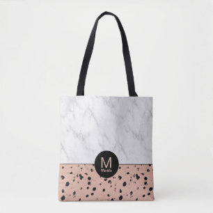 Stijlvol Marmer en Roos Gouden Patroon met Monogra Tote Bag