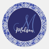 Stijlvol meisjesblauw grijs initiaal monogram ronde sticker (Voorkant)