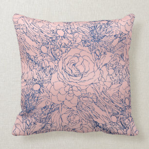 Stijlvol Metallic Navy Blue en Pink Floral Design Kussen