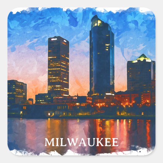 Stijlvol Milwaukee Wisconsin Skyline Panorama Uitz Vierkante Sticker (Voorkant)