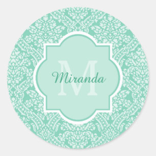 Stijlvol Mint Green Damask Monogram met naam Ronde Sticker