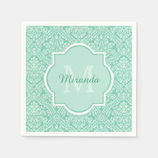 Stijlvol Mint Green Damask Monogram met naam Servetten (Voorkant)