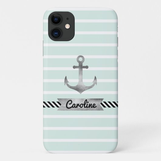 Stijlvol Mint Green Stripes Waterverf Anchor Case-Mate iPhone Case (Achterkant)