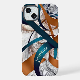 Stijlvol modern abstract blauwgroen en bronzen lin iPhone 15 plus case
