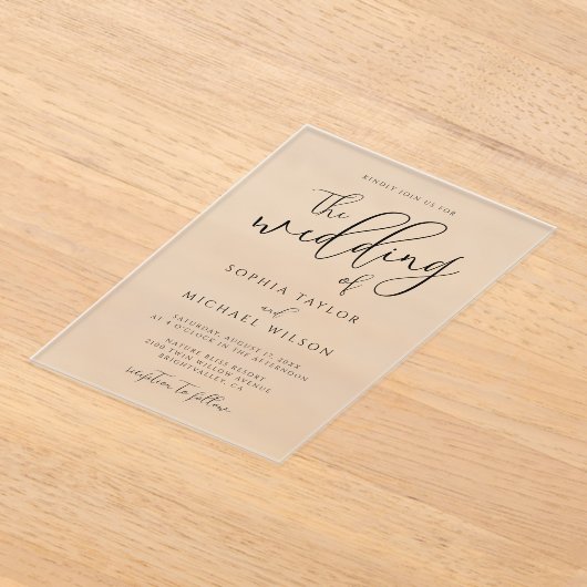 Stijlvol modern script zwart-wit bruiloft acryl uitnodigingen (Laagn)