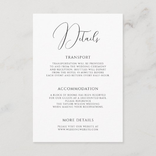 Stijlvol modern script zwart wit bruiloft details informatiekaartje (Voorkant)