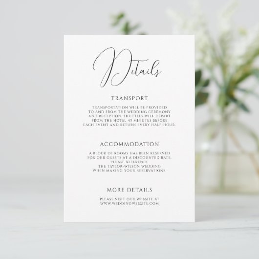 Stijlvol modern script zwart wit bruiloft details informatiekaartje (Staand voorkant)