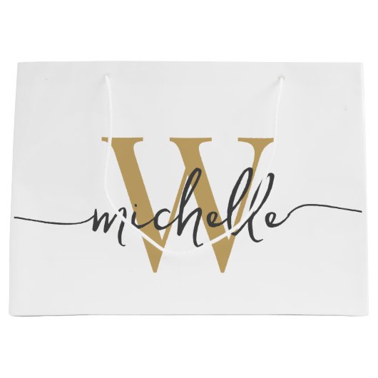 Stijlvol modern witgouden monogram initiaal script groot cadeauzakje (Voorkant)