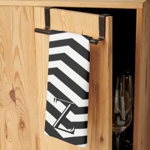 Stijlvol Modern Zwart Wit Chevron Pattern Initiaal Theedoek