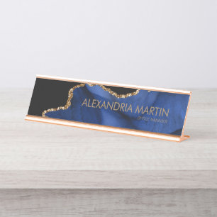 Stijlvol moderne marineblauwe gouden glitters marm bureau naambordje