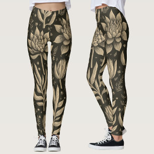 Stijlvol monochroom Boho vetplanten bloemenpatroon Leggings