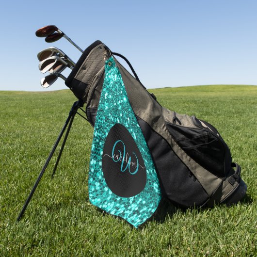 Stijlvol monogram aqua glitter naam zwart golfhanddoek (Groen)