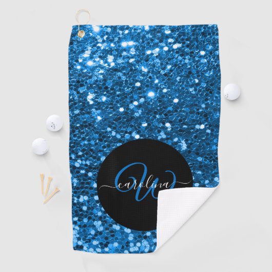 Stijlvol monogram blauw glitter naam zwart golfhanddoek (Insitu)