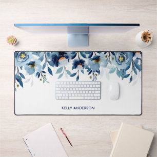 Stijlvol Monogram Blauwe Waterverf bloemmotief Bureaumat