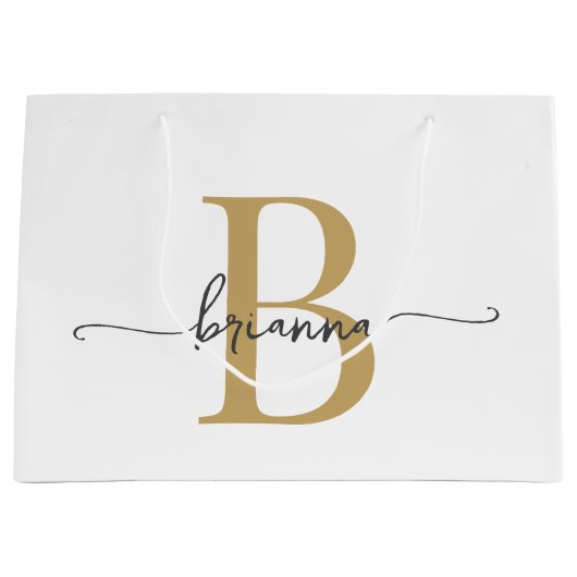 Stijlvol Monogram Initiaal Script Modern Wit Goud Groot Cadeauzakje (Voorkant)