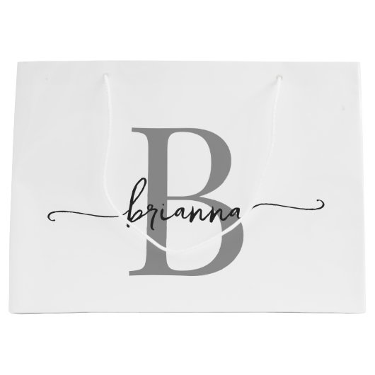 Stijlvol Monogram Initiaal Script Modern Wit Grijs Groot Cadeauzakje (Voorkant)