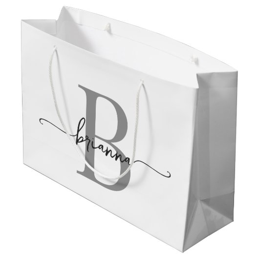 Stijlvol Monogram Initiaal Script Modern Wit Grijs Groot Cadeauzakje (Achterkant Gekanteld)