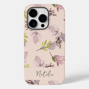 Stijlvol monogram kalligrafie roze florale patroon Case-Mate iPhone 14 pro hoesje