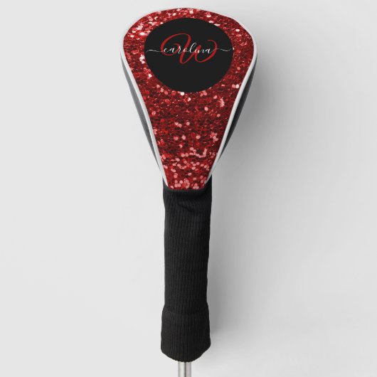 Stijlvol monogram rode glitter naam zwart golfheadcover (Voorkant)