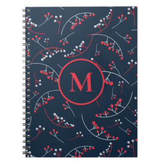 Stijlvol monogram rood marineblauw bes patroon notitieboek
