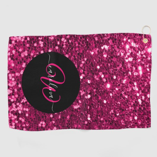 Stijlvol monogram roze glitter naam zwart golfhanddoek (Horizontaal)